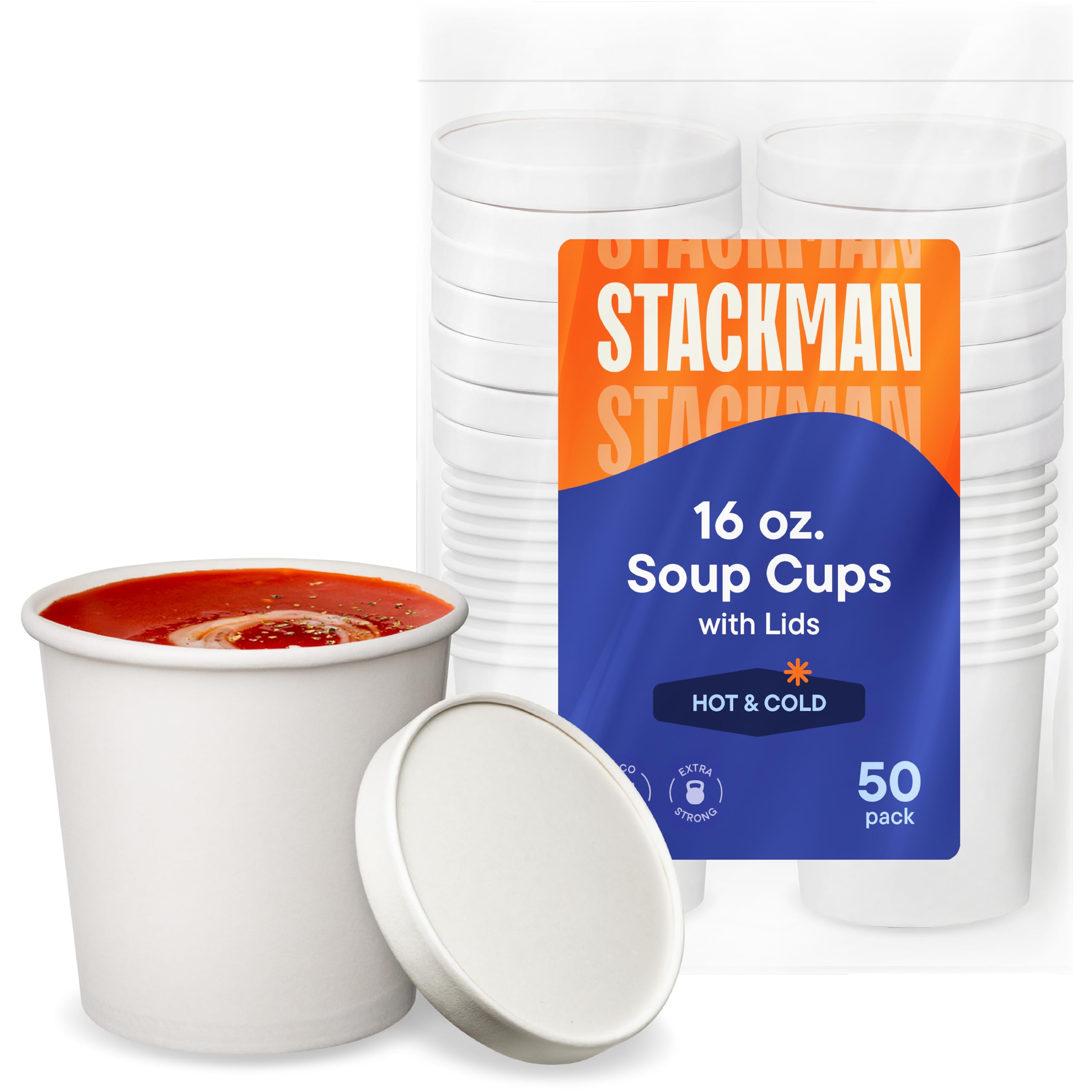Stack Man 16 oz paper food container with lid for hot or cold takeout.