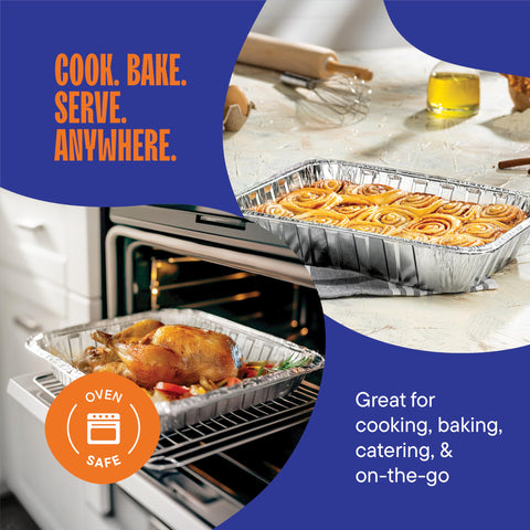 Stack Man 9x13 aluminum pans stacked for compact storage.