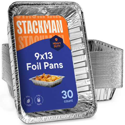 Stack Man 9x13 aluminum pans viewed from the top for bulk baking.