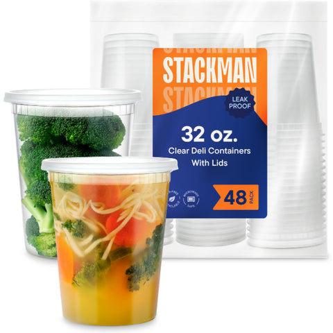 Stack Man 32oz soup container with lid for easy fridge-to-microwave reheating.