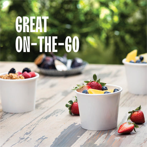 Stack Man white double-wall paper container ideal for soups and stews.