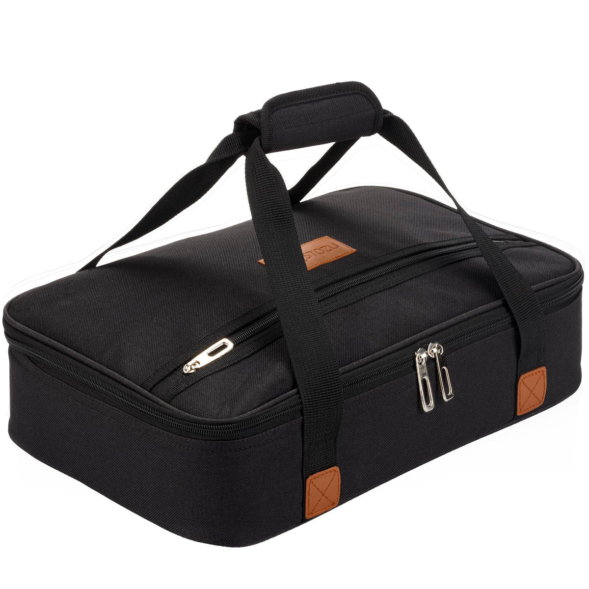 Stack Store Plus More black insulated casserole carrier front view, roomy main compartment for 11x15 bakeware.