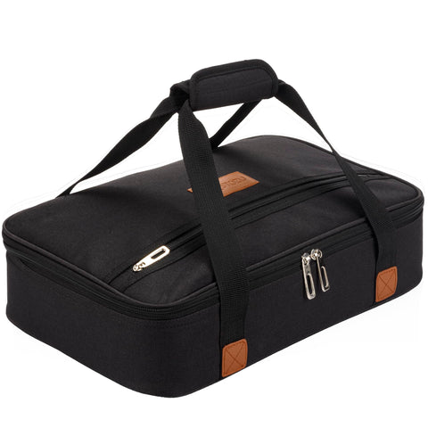 Stack Store Plus More black insulated casserole carrier front view, roomy main compartment for 11x15 bakeware.