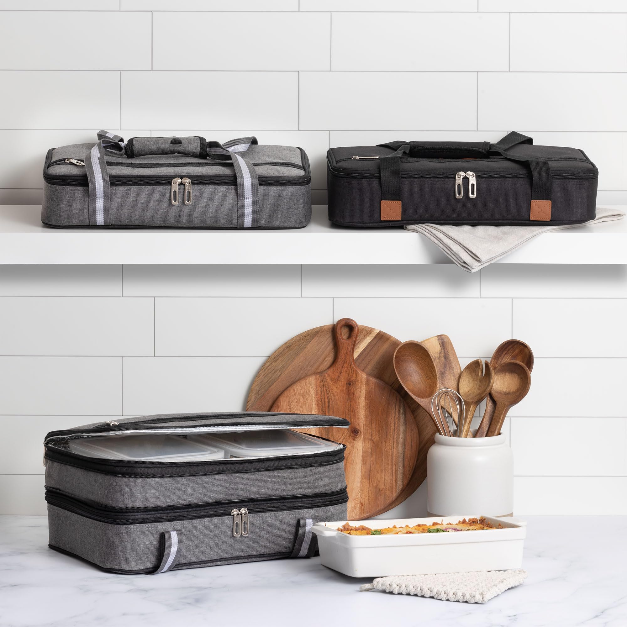Stack Store Plus More exterior pocket holds utensils, wine opener, and napkins.