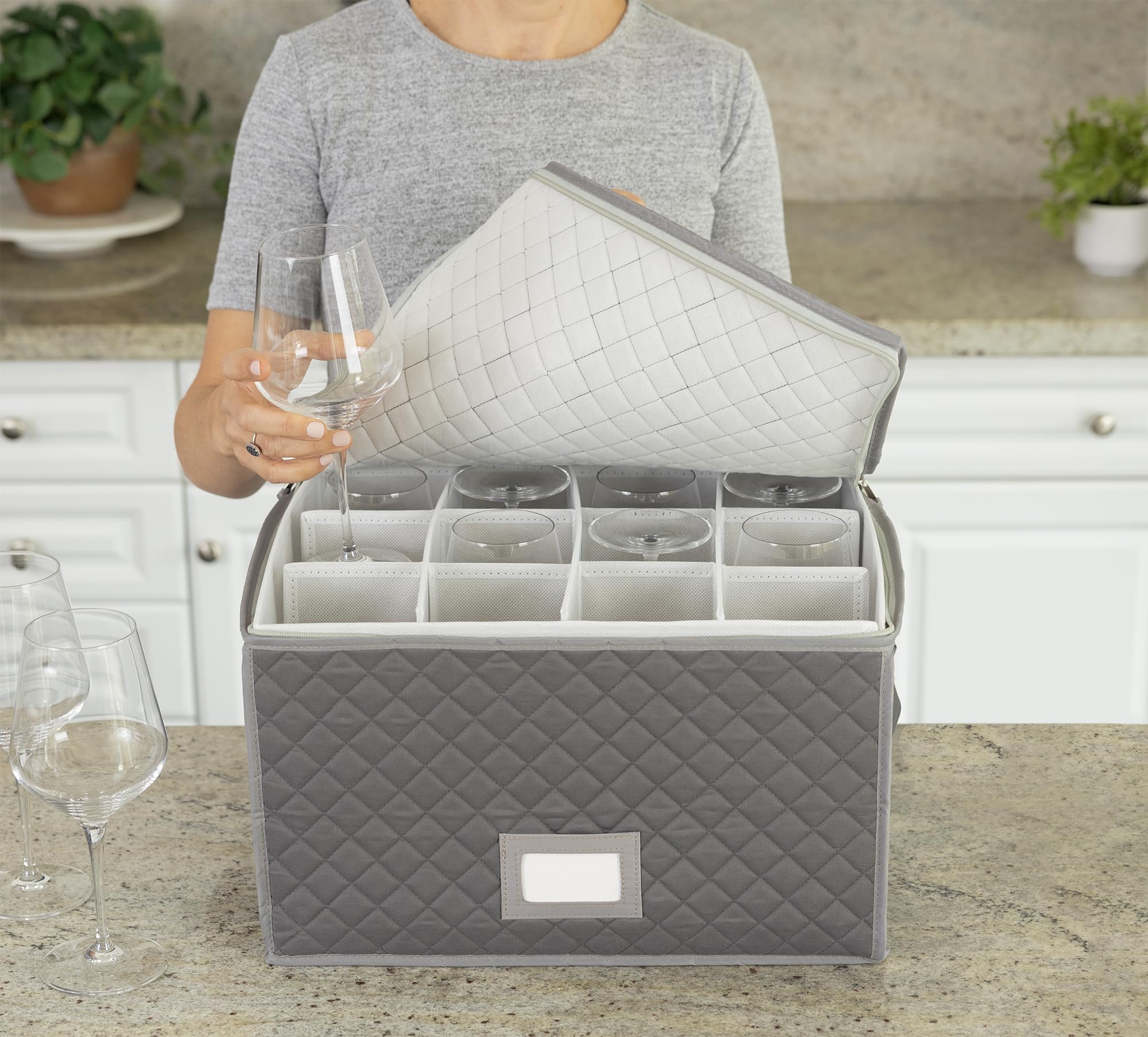 Removable dividers protect glasses from chipping and scratching in Stack Store Plus More case