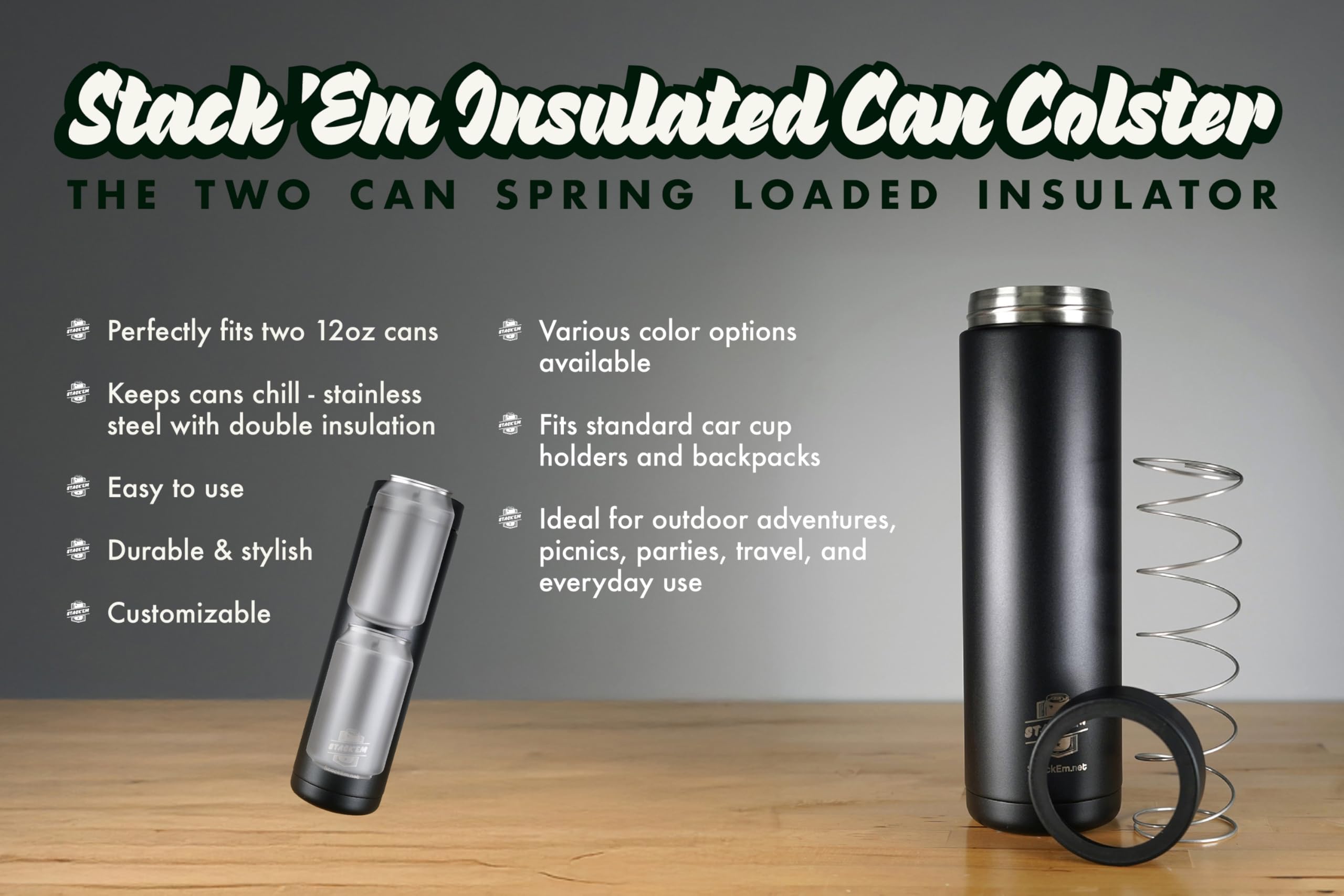 Stack'Em on outdoor adventure, keeps drinks cold on the go.
