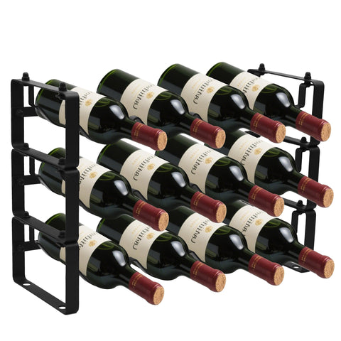 STAEVER black wine rack front view showing 12-bottle capacity for organized entertaining