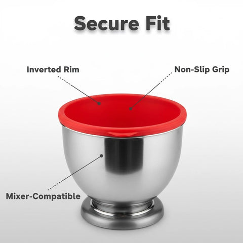 Stand mixer bowl liner in red with lid and pour spout for tidy prep.