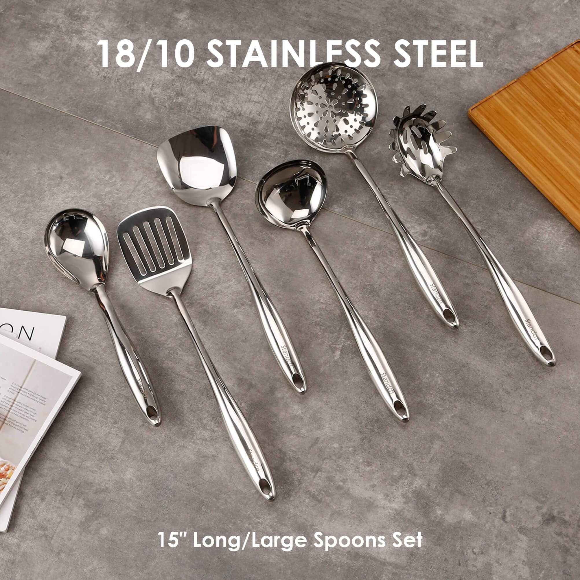 Standcn slotted serving spoon drains liquids cleanly