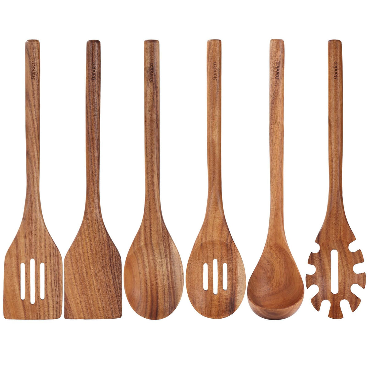 Standcn Acacia Wood Utensils Set front view, ideal for nonstick cookware protection.