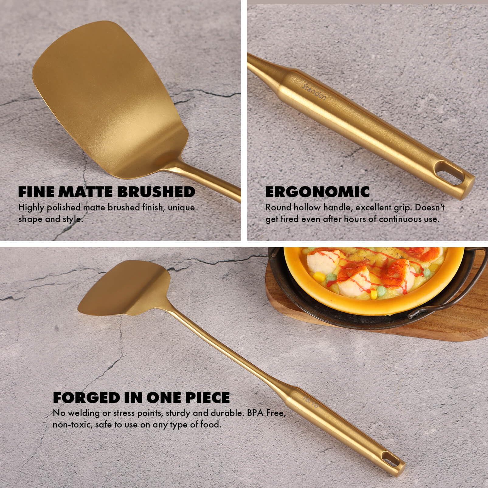 Standcn gold utensils dishwasher-safe for quick cleanup after busy cooking sessions