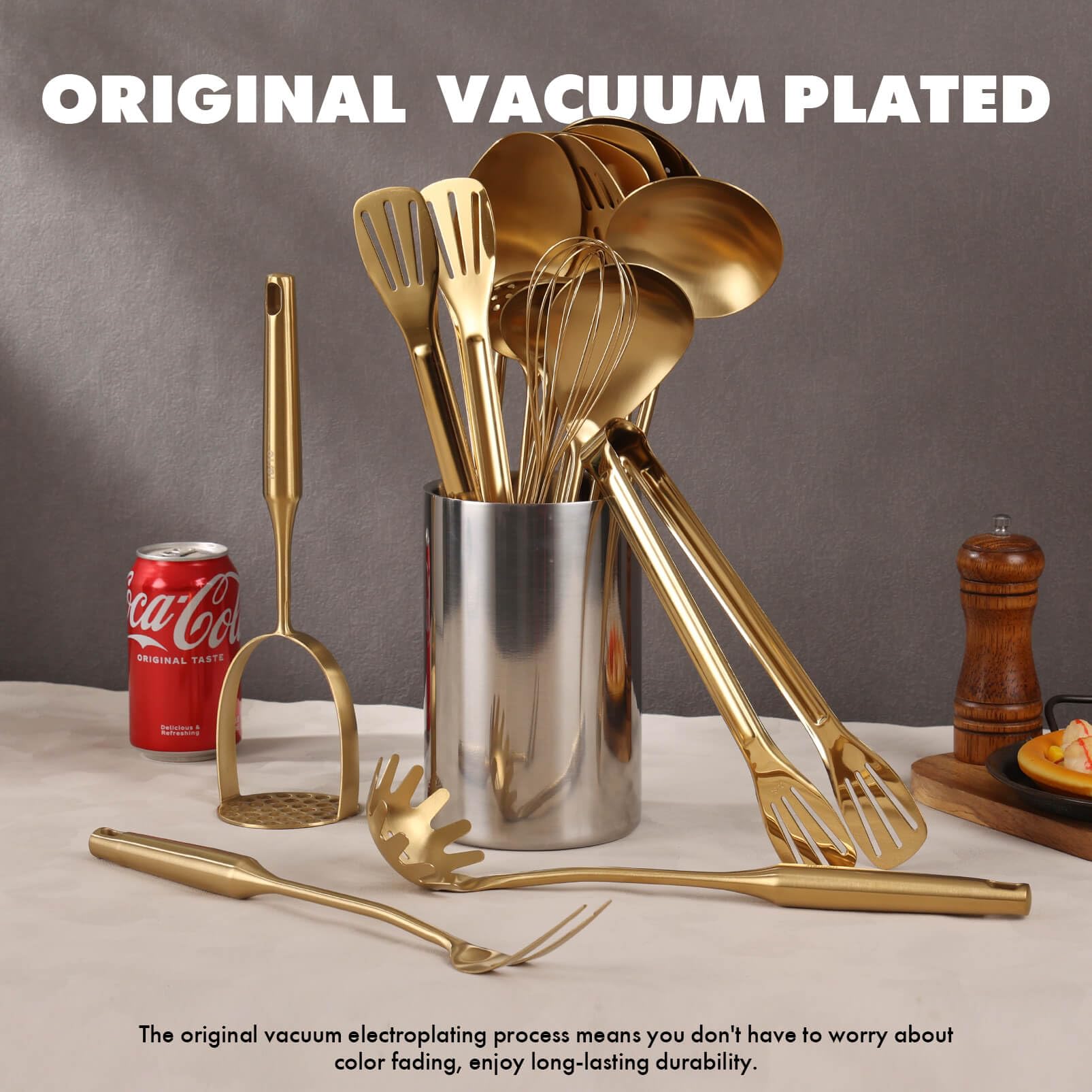 Standcn gold utensils with hanging holes easy storage and display in modern kitchens