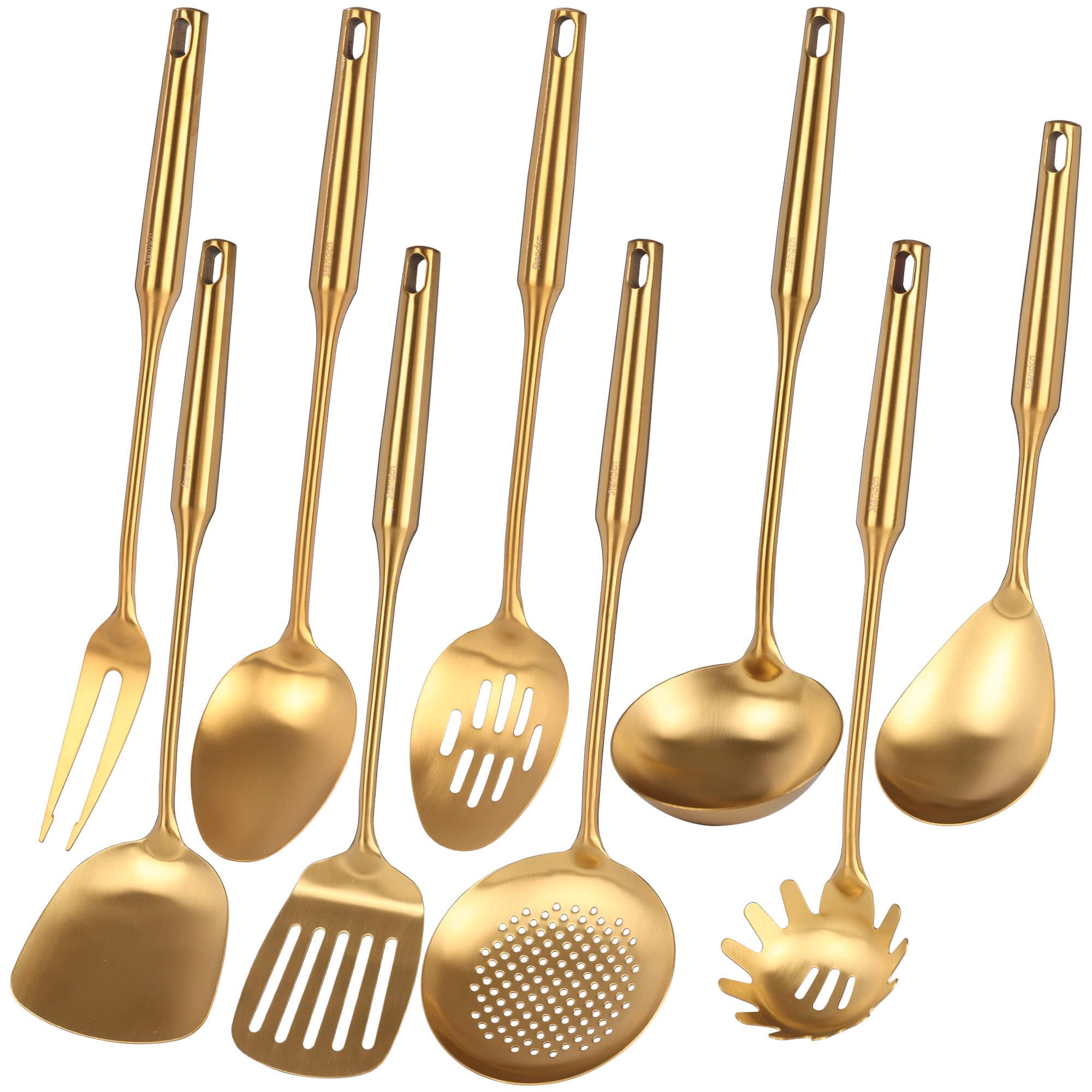 Standcn Gold Utensils Set packshot featuring the 9 pieces for versatile cooking