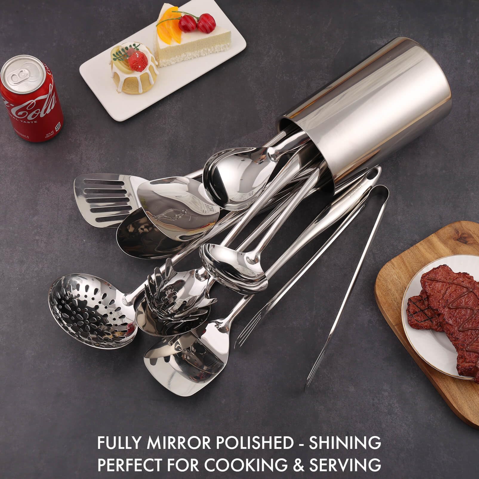 Standcn utensilios-mangos-largos-ergonomicos, agarre cómodo durante horas de cocina.
