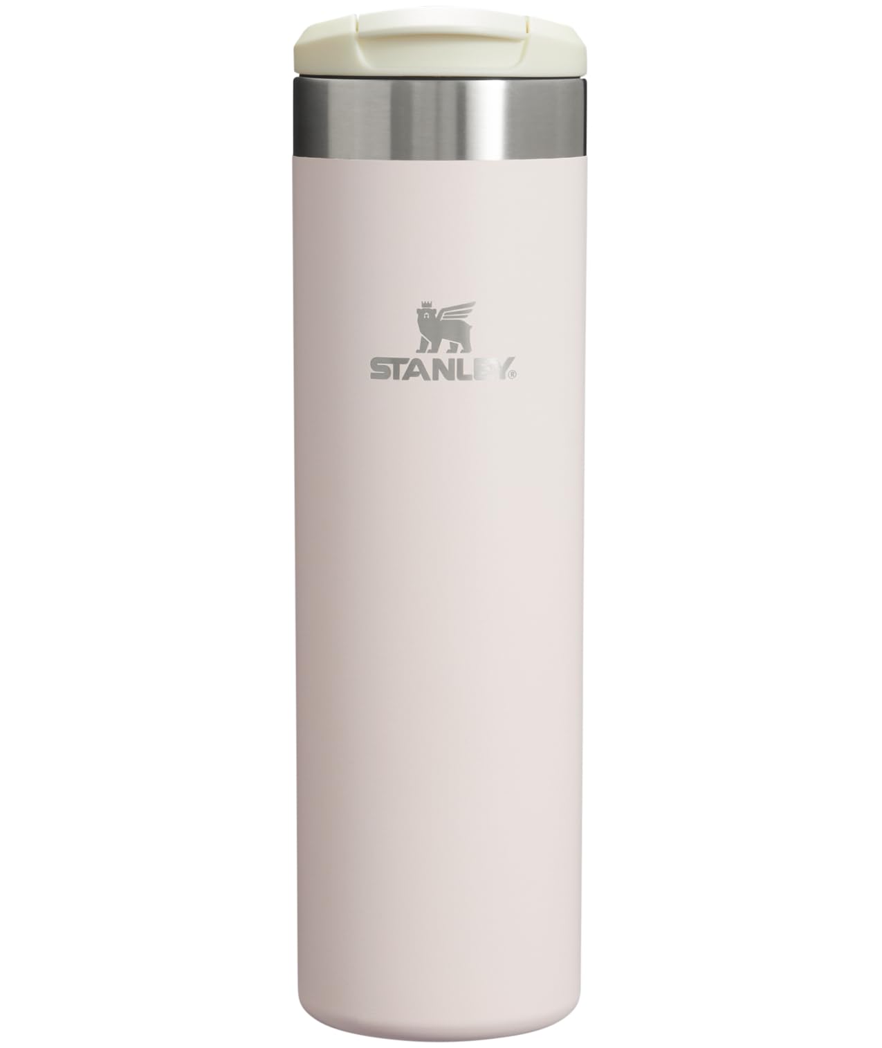 Stanley AeroLight Transit Bottle 20oz in rose quartz shows a slim, portable profile for car cup holders and on-the-go hydration