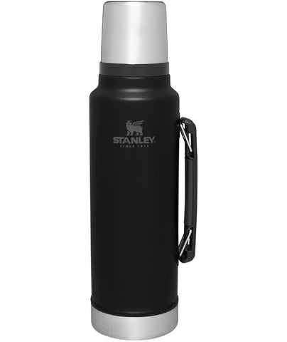 Stanley Classic 1.5 Qt wide-mouth bottle keeps drinks hot or cold on long trips.
