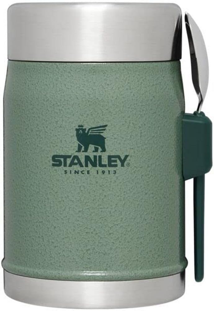 Stanley Classic Food Jar 14 oz with Hammertone Green lid keeps meals hot or cold.