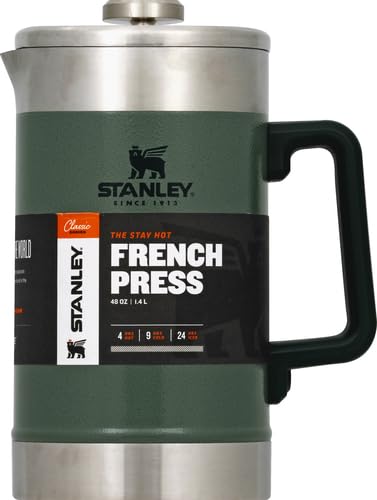 STANLEY Classic Stay-Hot French Press with lid on keeps beverages hot during mornings.