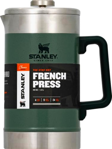 STANLEY Classic Stay-Hot French Press with lid on keeps beverages hot during mornings.