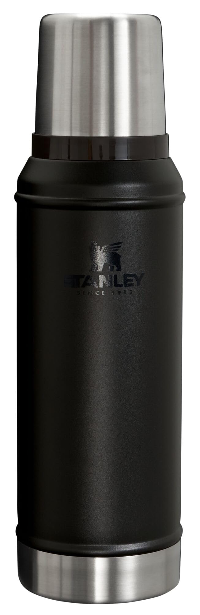 STANLEY classic vacuum bottle with wide mouth keeps drinks hot or cold all day.