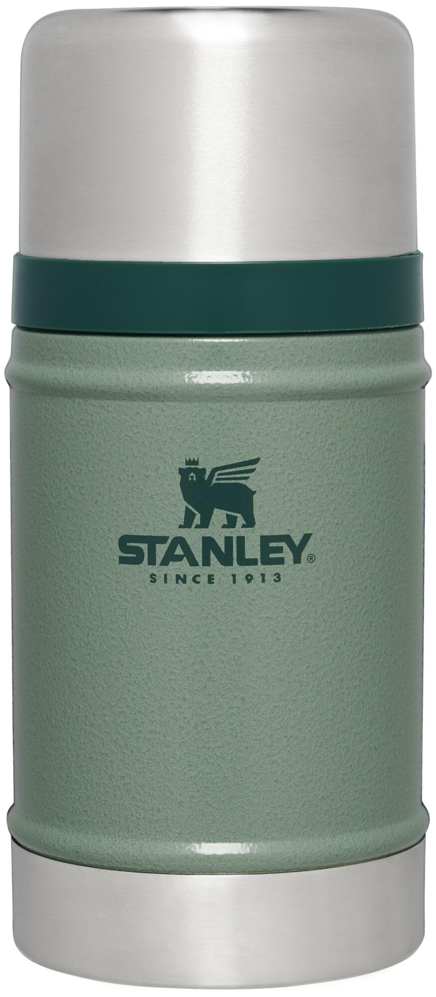 Stanley Classic food jar front view in hammertone green, rugged outdoor versatility.