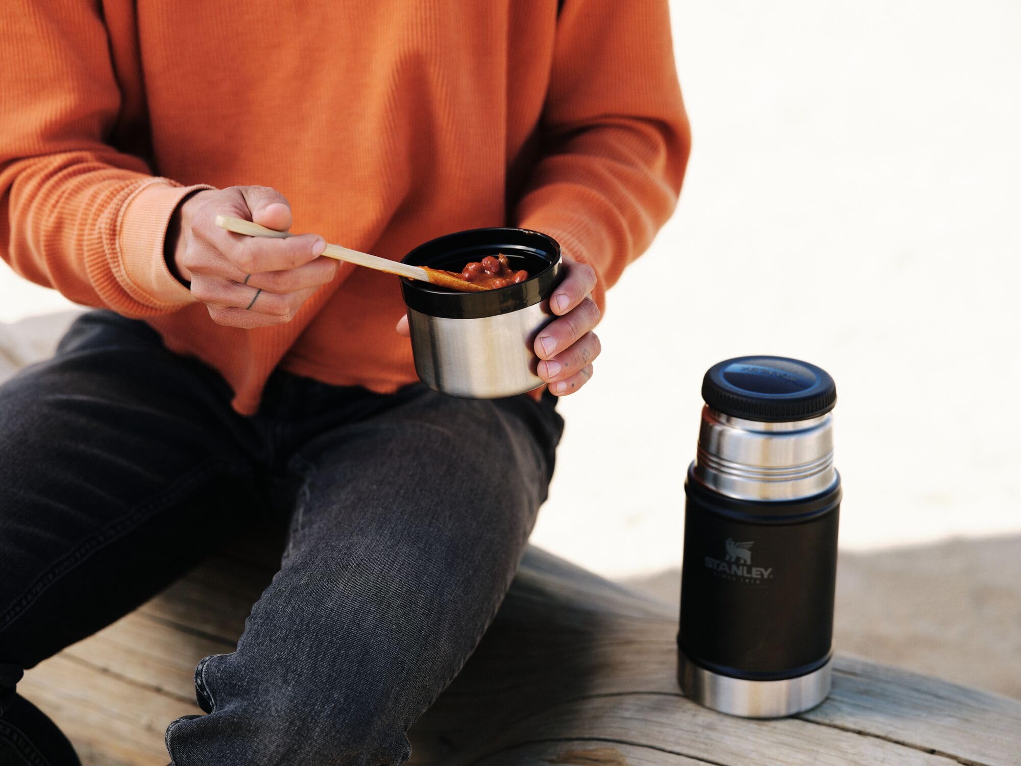 Stanley insulation keeps hot or cold meals for hours on trips.