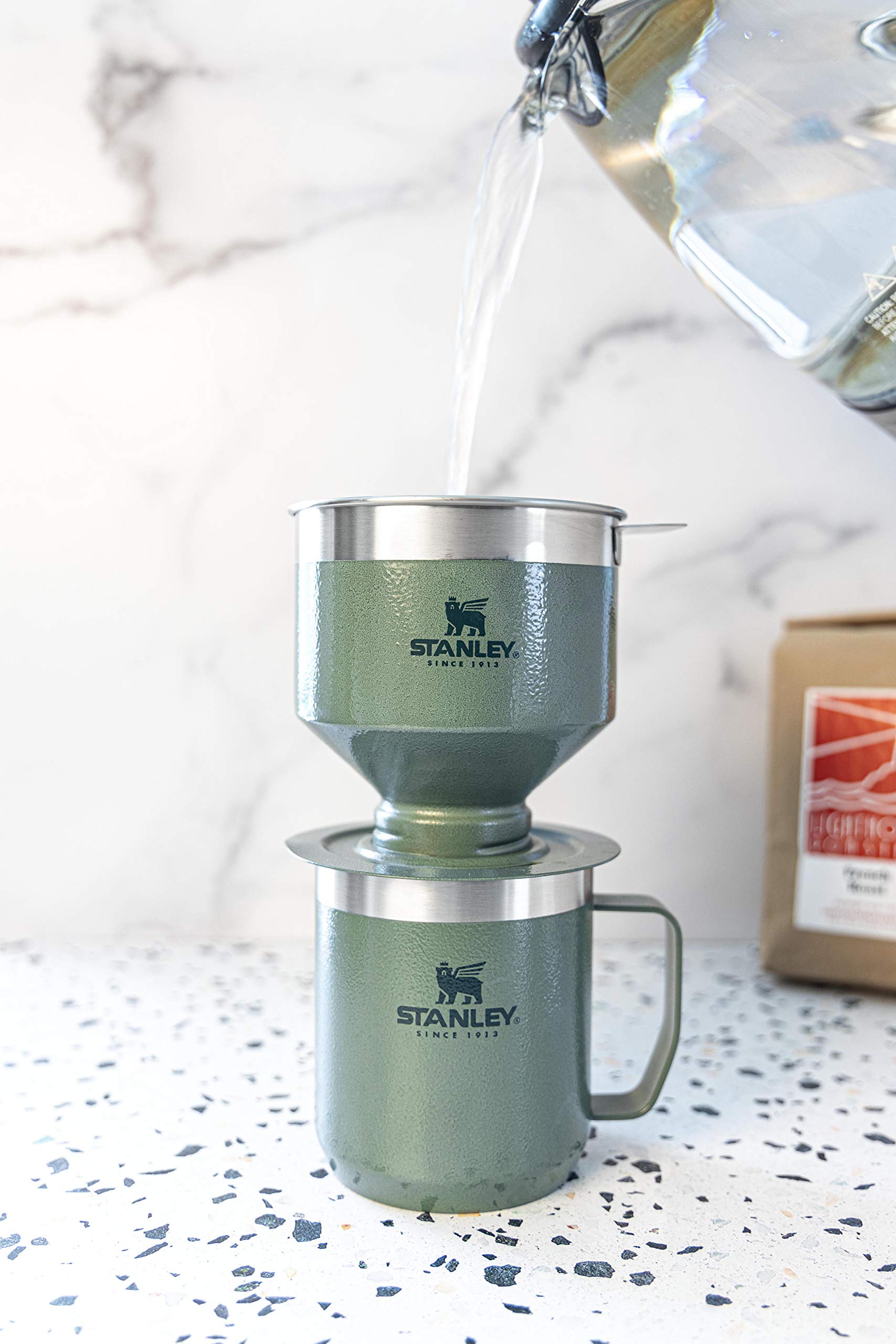 STANLEY Perfect Brew Pour Over hammertone green color on kitchen counter.