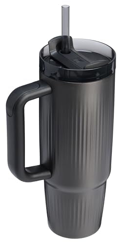 Stanley Quencher H2.0 fluted black body fits cup holders and keeps drinks cold.