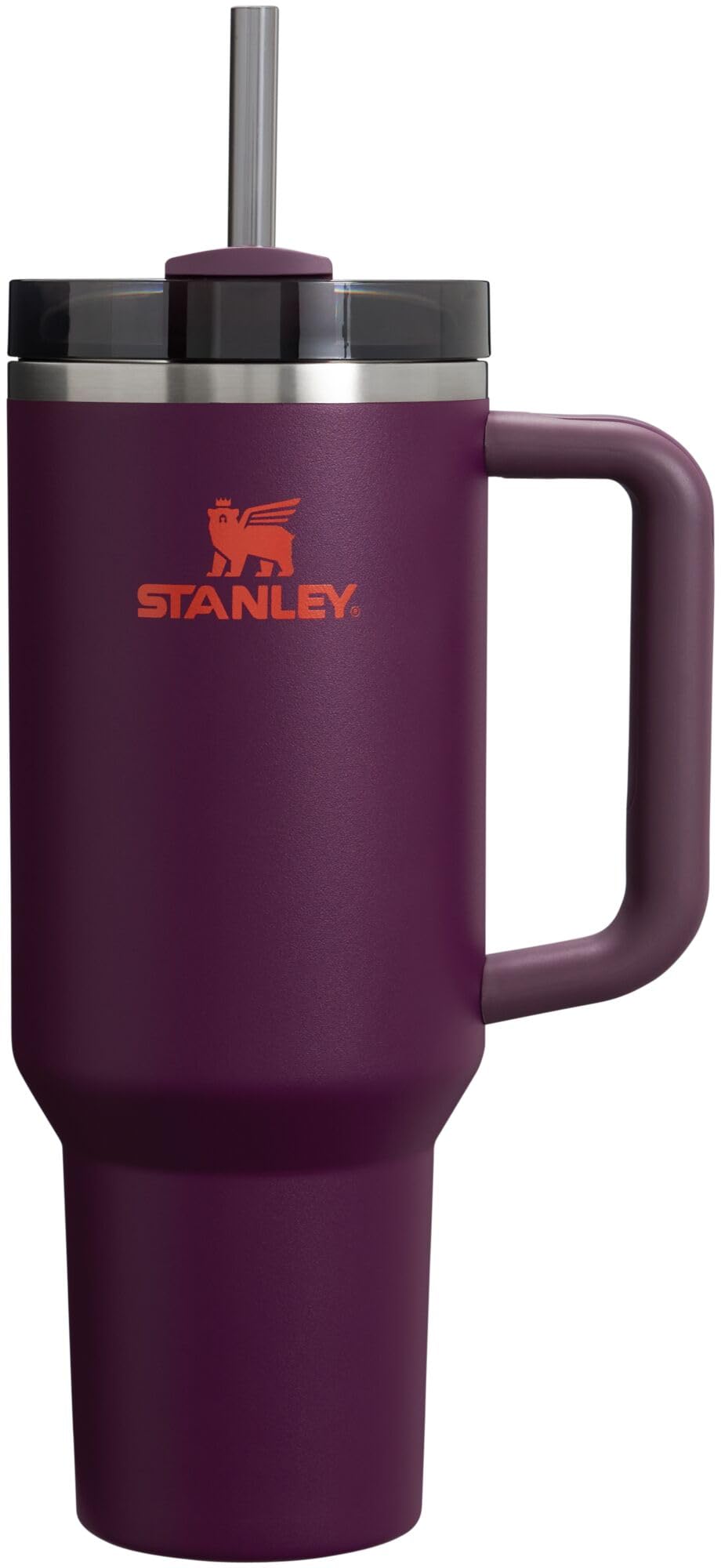 Stanley Quencher H2.0 40 oz tumbler with plum handle, easy to carry on commutes.