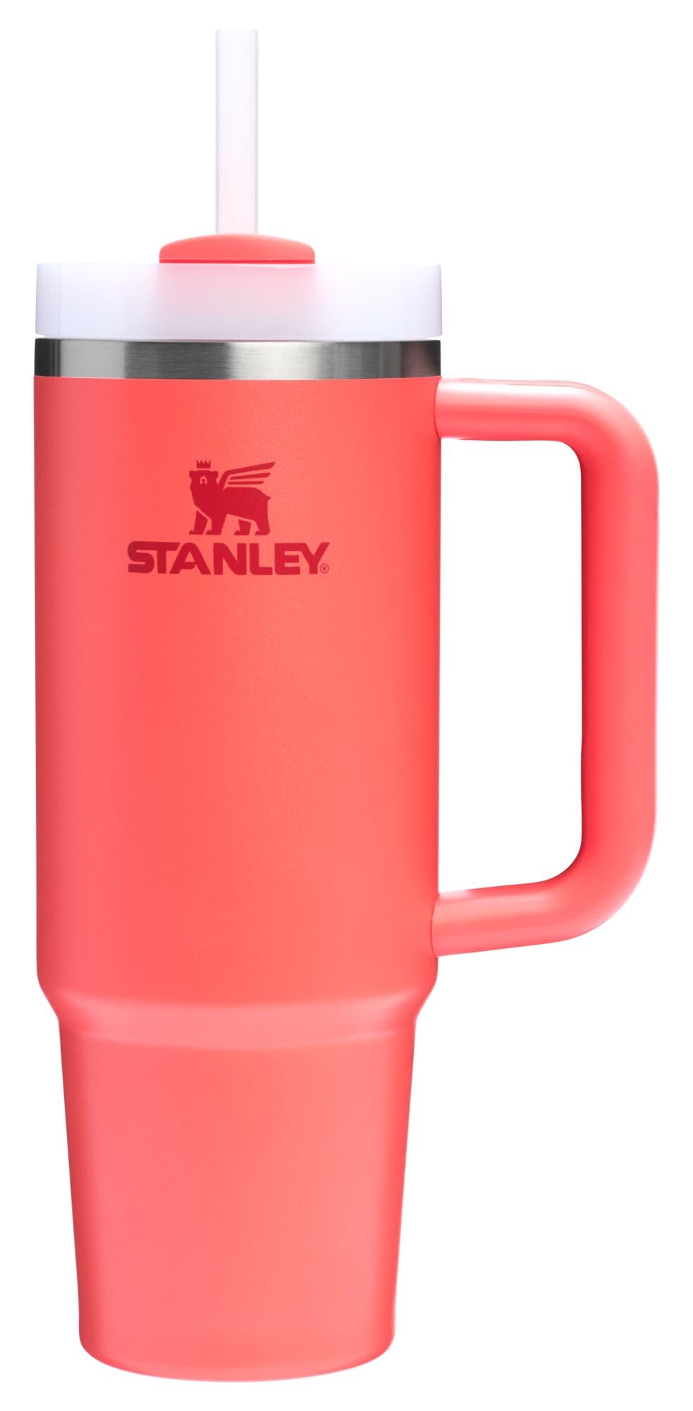 STANLEY Quencher H2.0 with handle and straw in hot coral, easy one-handed carry