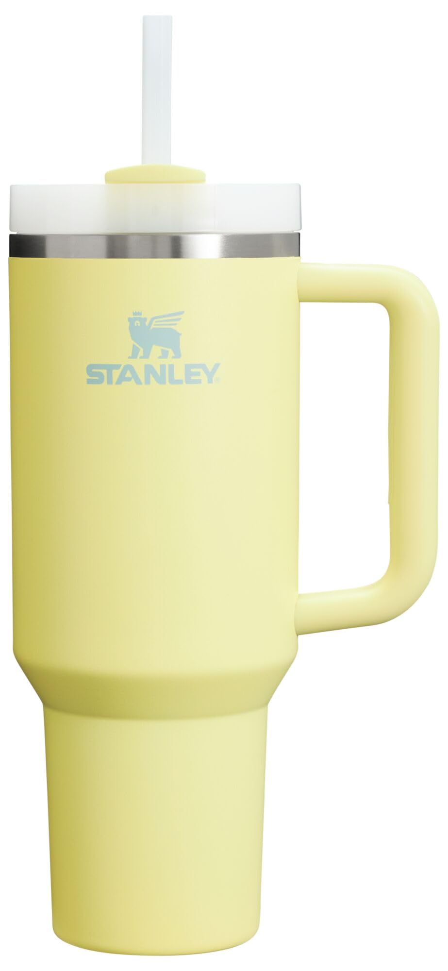 Stanley Quencher H2.0 with handle and straw in pomelo keeps drinks cold on the go.