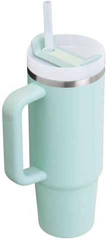 Stanley Quencher H2.0 seafoam tumbler with ergonomic handle for easy carrying.