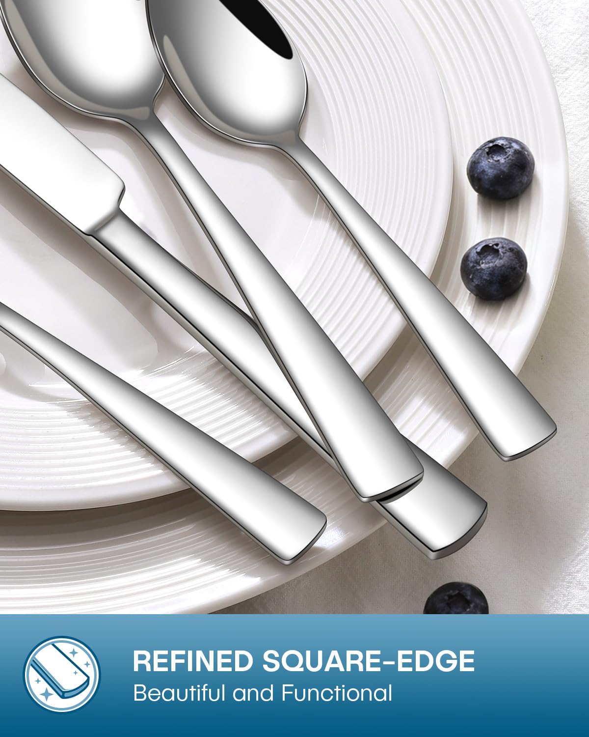 Stapava 20pc silverware set on table showcases modern, squared handles.
