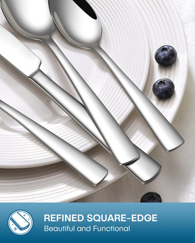 Stapava 20pc silverware set on table showcases modern, squared handles.