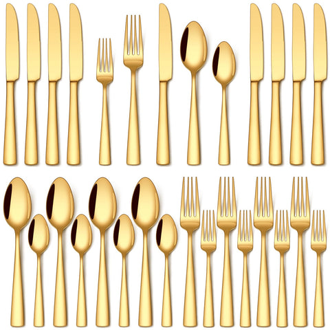 Stapava 20pcs gold silverware set with knives, forks, and spoons for family meals.