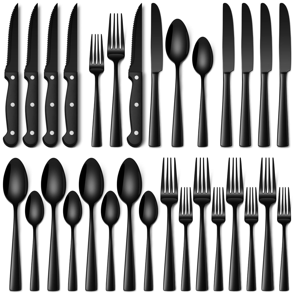 Stapava 24pc black silverware set with dinner knives—durable, mirror-finish steel.