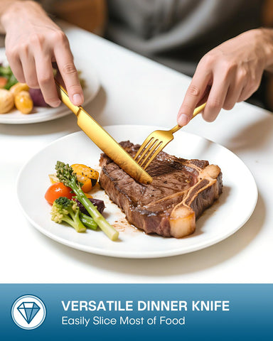 Stapava 40pc gold silverware set shown as dishwasher safe for easy cleanup