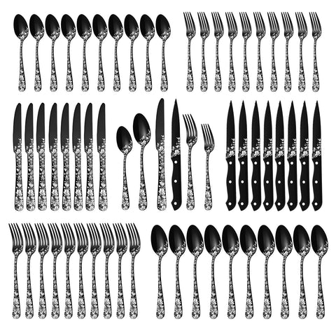 Stapava black silverware set full dinner display shows durable service for eight.