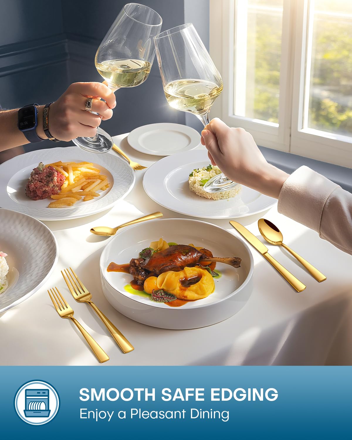 Stapava gold-tone flatware elevates casual and formal table settings.