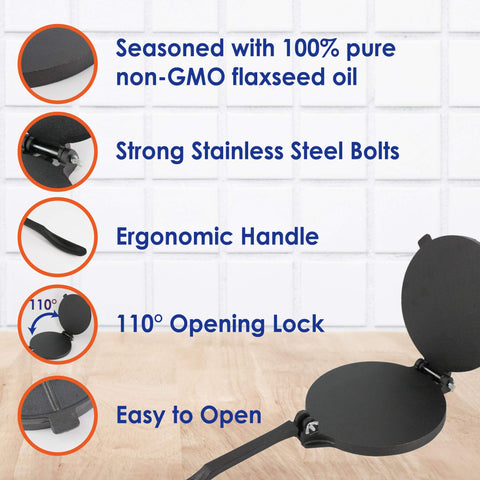 StarBlue 8-inch tortilla press side view highlighting robust handle and heavy duty build