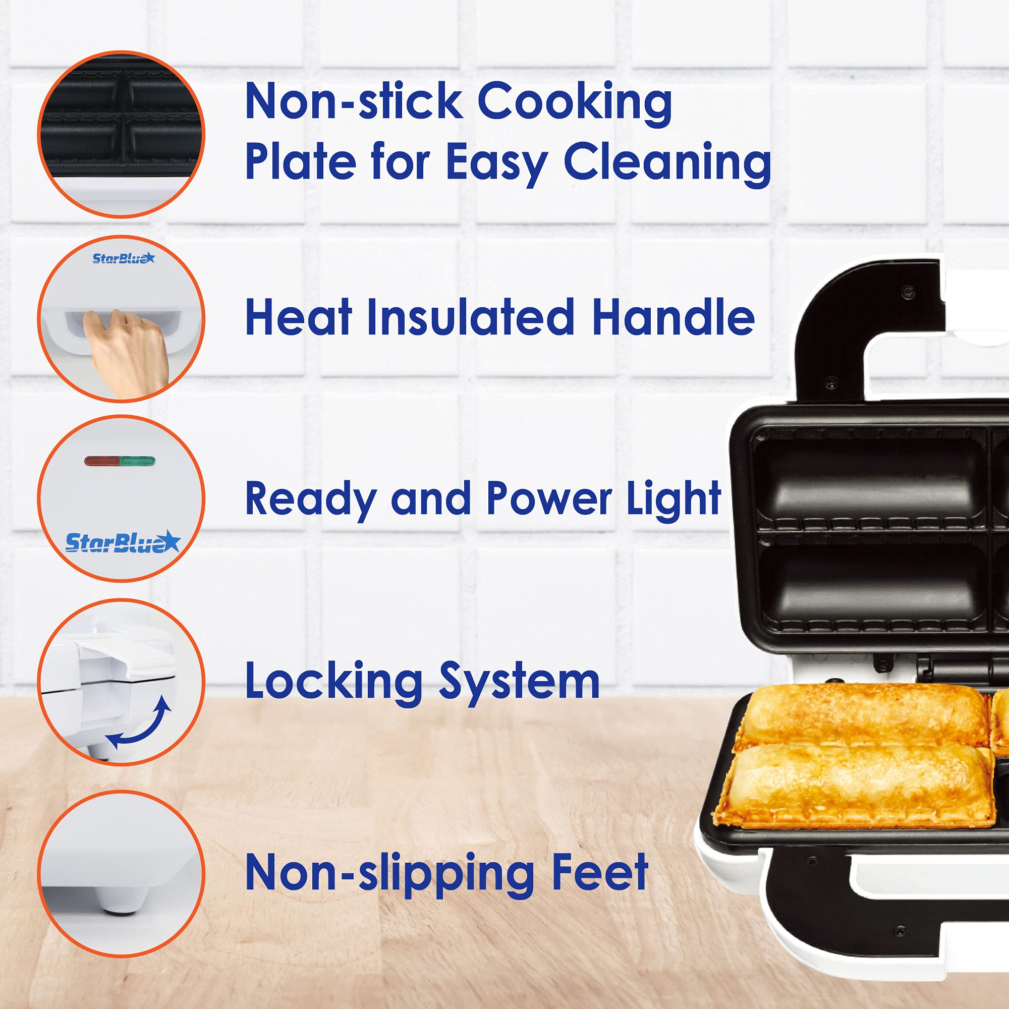 StarBlue Sausage Roll Maker open tray highlights four-roll capacity.