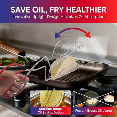 StarBlue Taco Shell Tongs show oil-saving design for less oil absorption during frying.