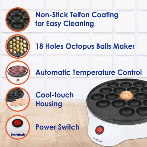 StarBlue Takoyaki Maker 18-mold surface enables batch cooking for families.