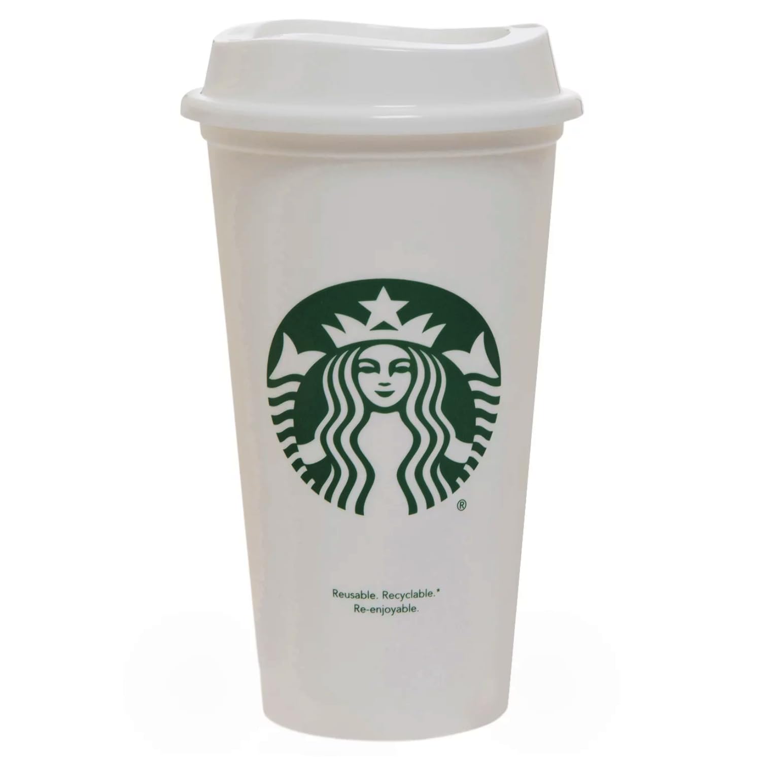 Starbucks white travel mug front view for on-the-go use.