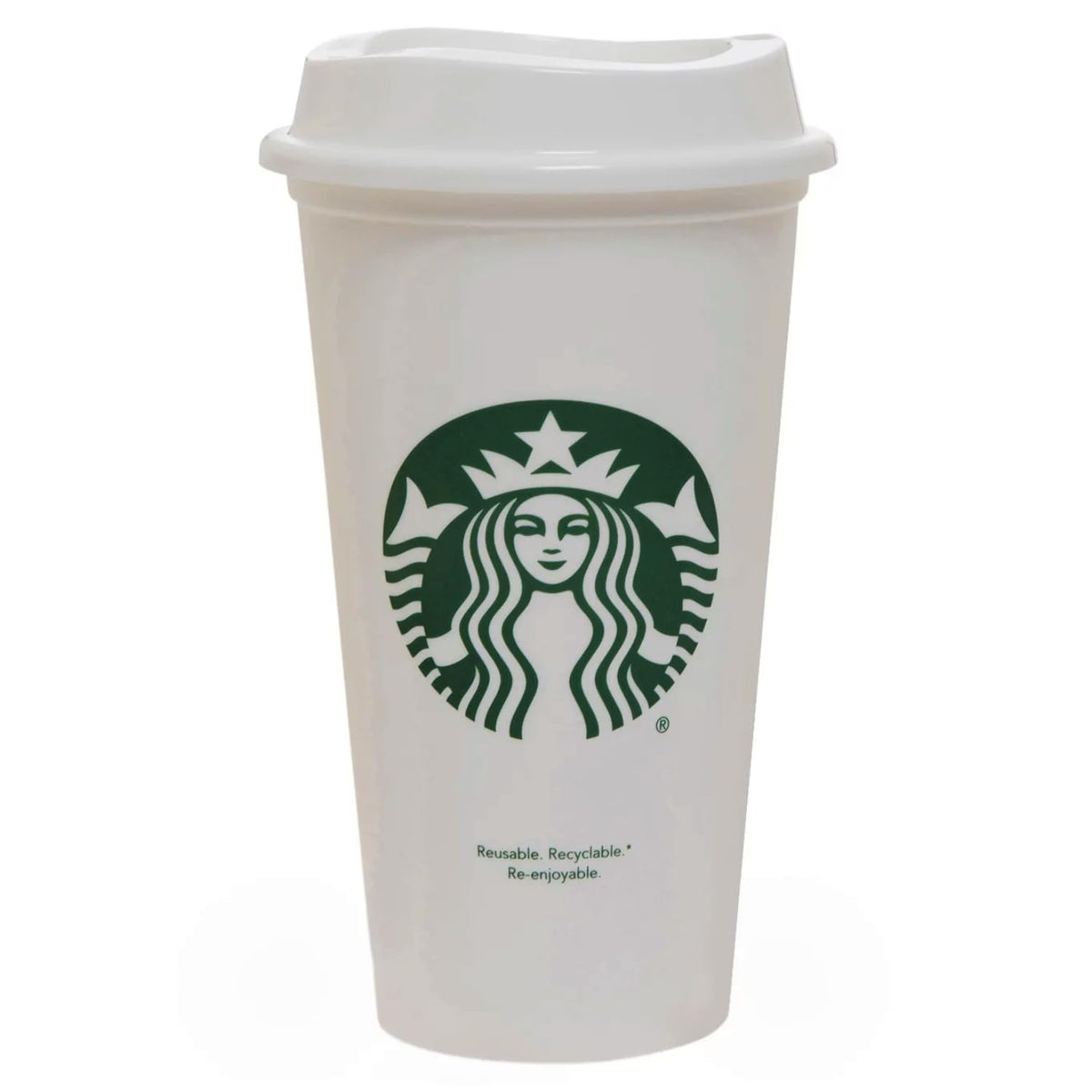 Starbucks white travel mug front view for on-the-go use.