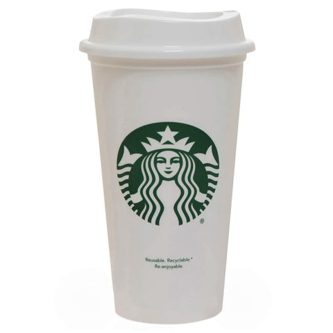 Starbucks white travel mug front view for on-the-go use.