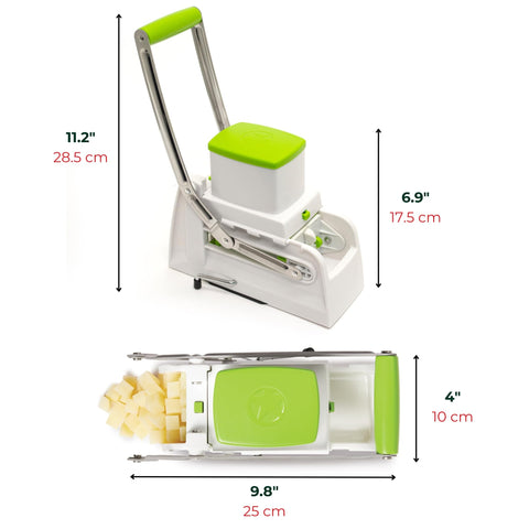 Starfrit Pro Fry Cutter & Cuber creates 49 cubes or sticks at once.