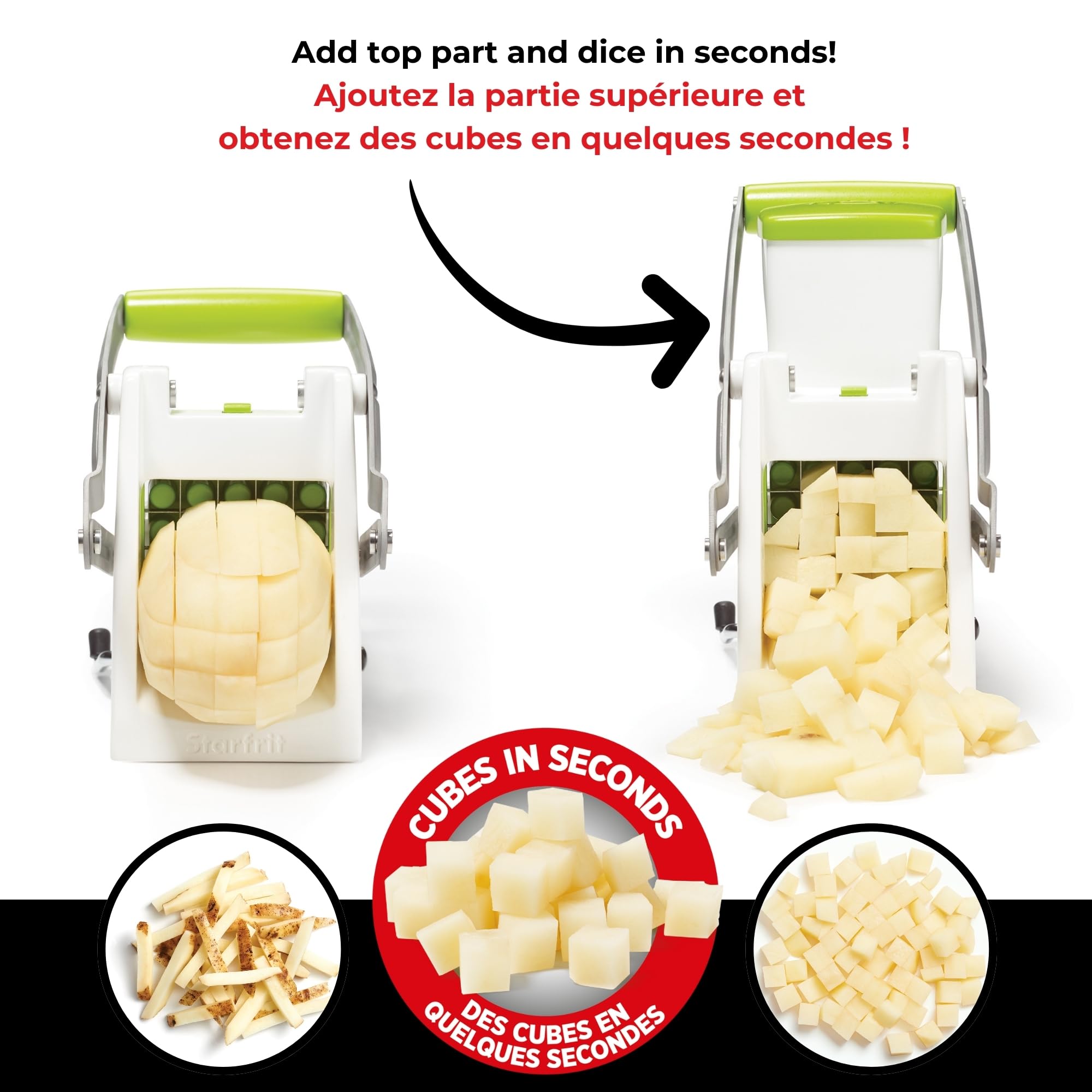 Starfrit Pro Fry Cutter & Cuber detachable parts simplify cleaning after meal prep.