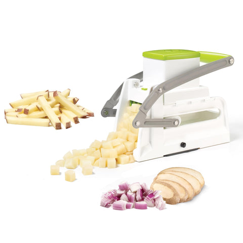 Starfrit Pro Fry Cutter & Cuber fries with evenly cut sticks for crisp homemade fries.