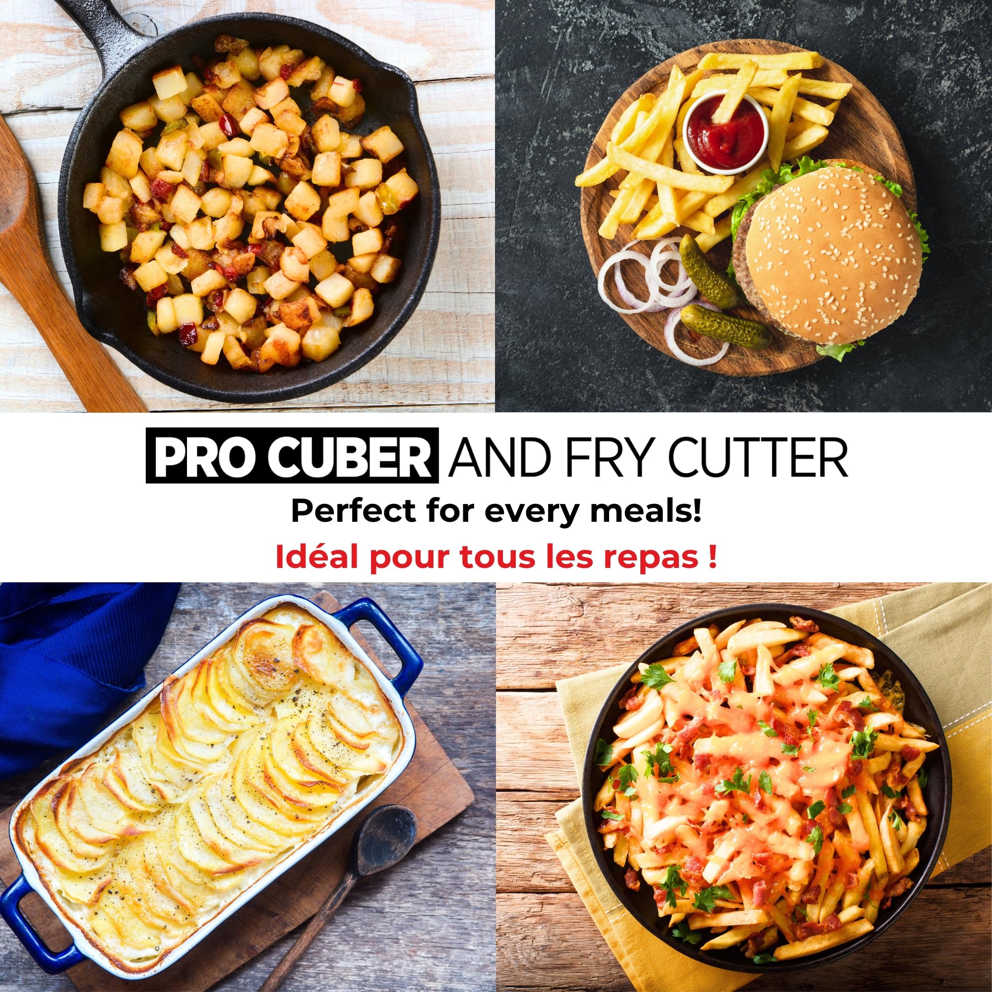 Starfrit Pro Fry Cutter & Cuber sits on a non-slip base for stable slicing.